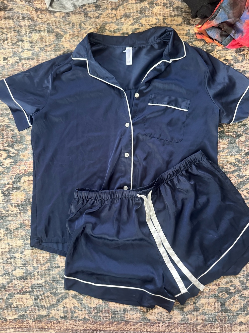 stars above Navy Satin Short Pajama Set with White Piping